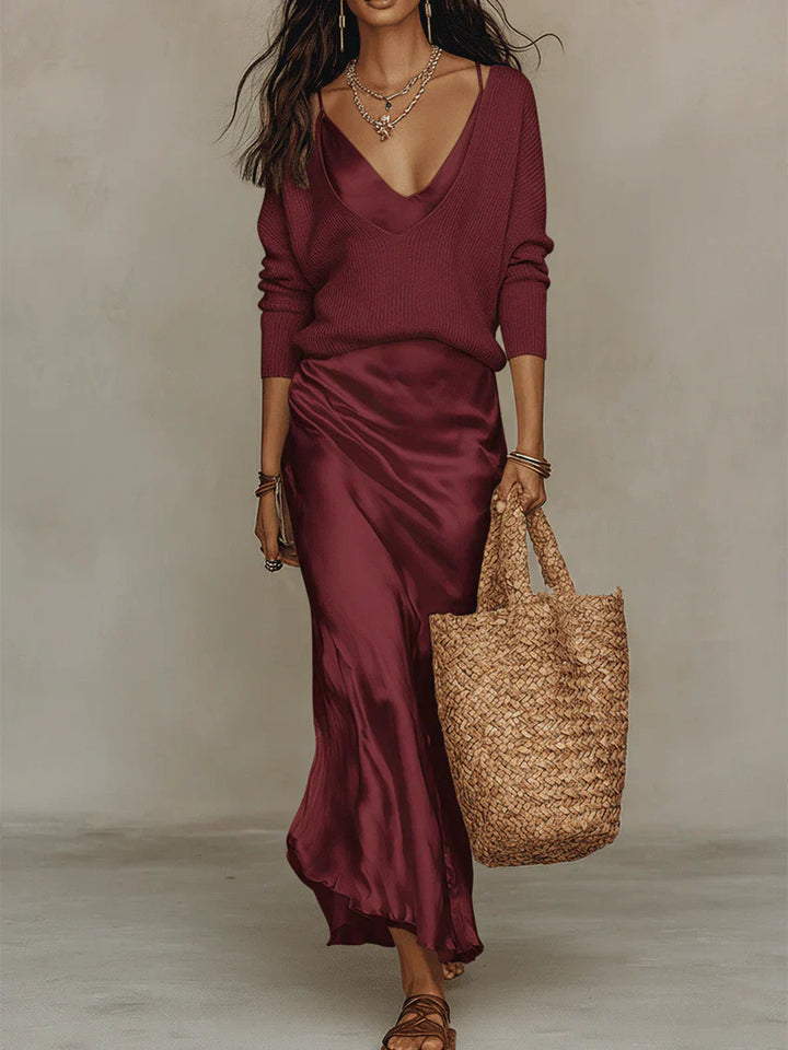 Auréline | Satin Midi Dress & Knit Sweater Set