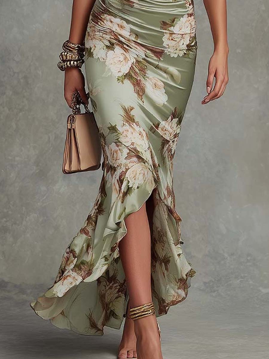 Victoria | Long Satin Floral Print Dress