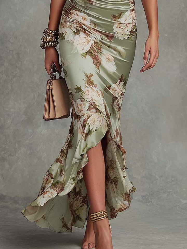 Victoria | Long Satin Floral Print Dress