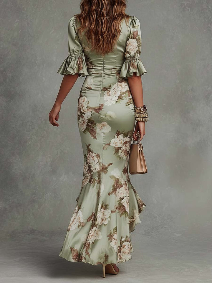 Victoria | Long Satin Floral Print Dress