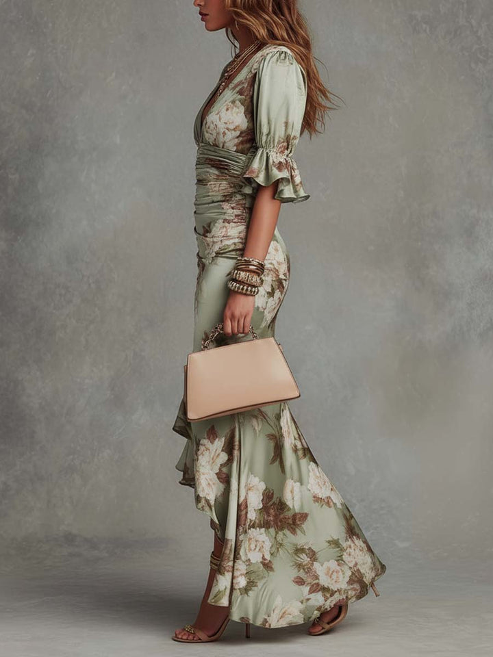 Victoria | Long Satin Floral Print Dress