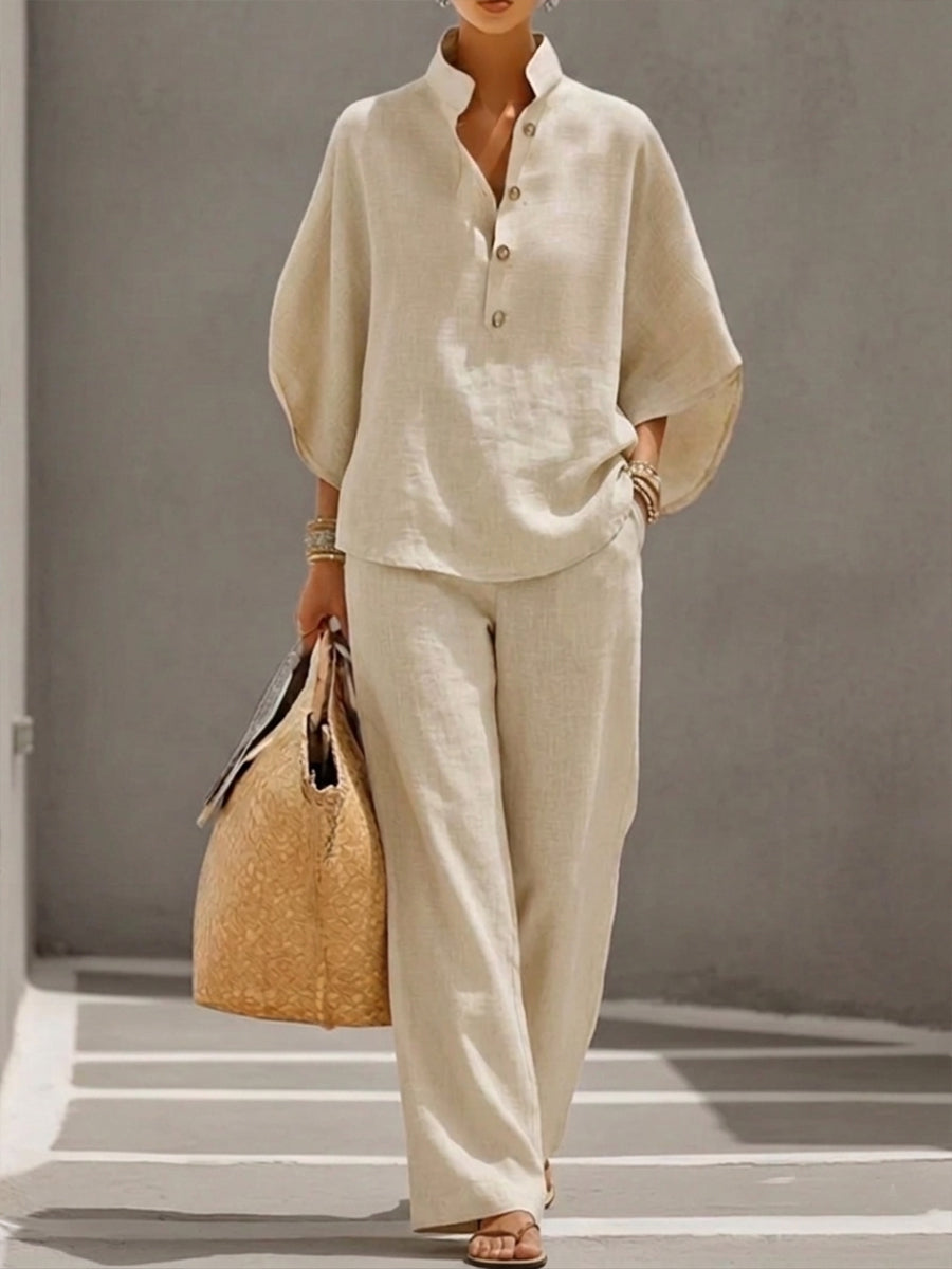 Victoria | Cotton Linen Set with Batwing Sleeves and Wide-Leg Pants