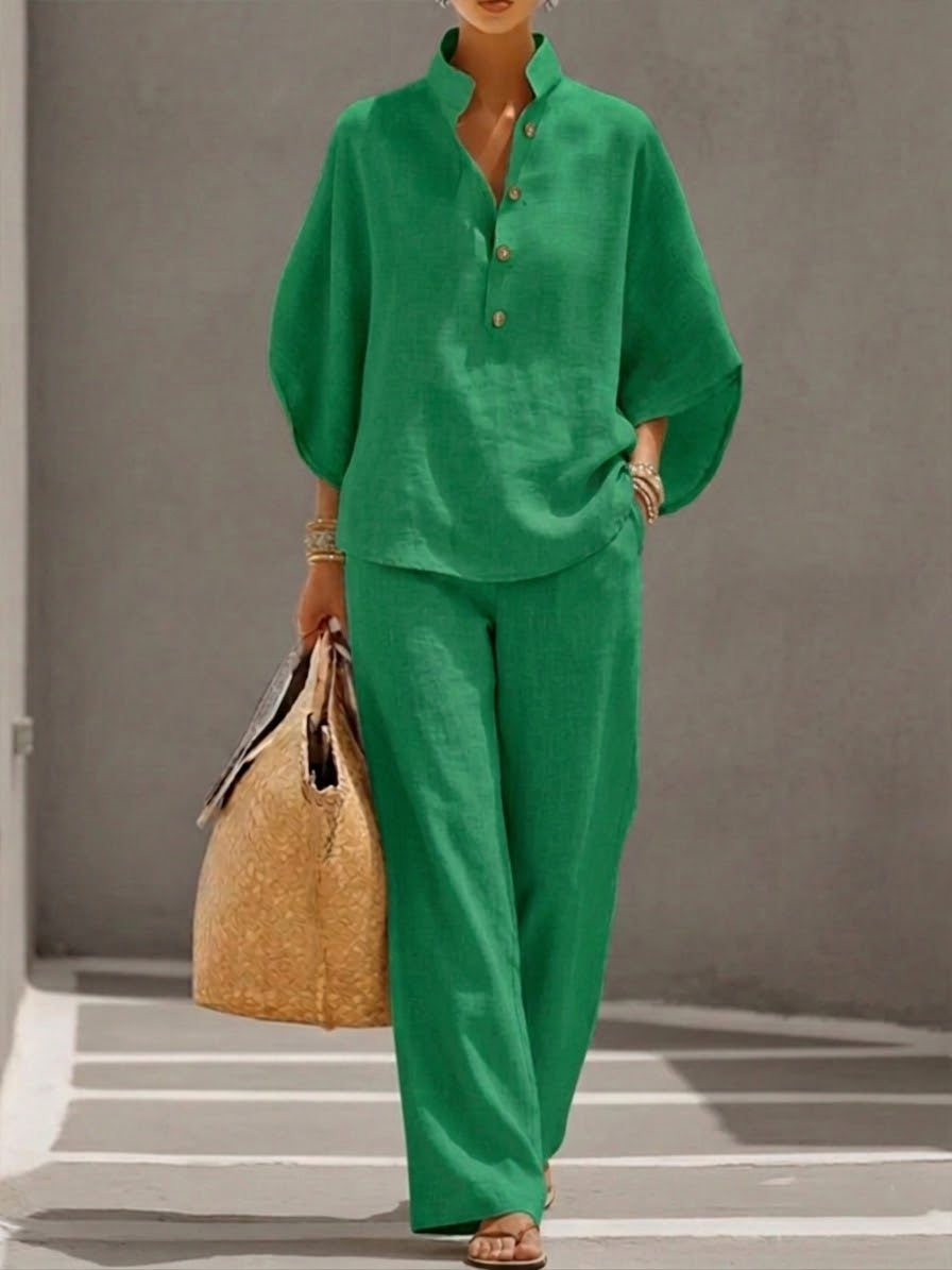 Victoria | Cotton Linen Set with Batwing Sleeves and Wide-Leg Pants