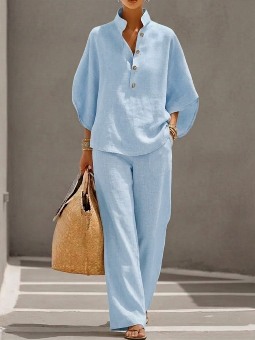 Victoria | Cotton Linen Set with Batwing Sleeves and Wide-Leg Pants