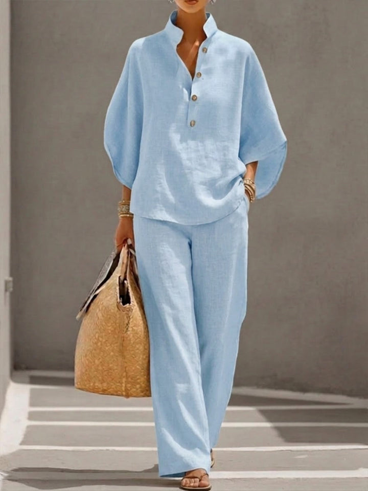 Victoria | Cotton Linen Set with Batwing Sleeves and Wide-Leg Pants